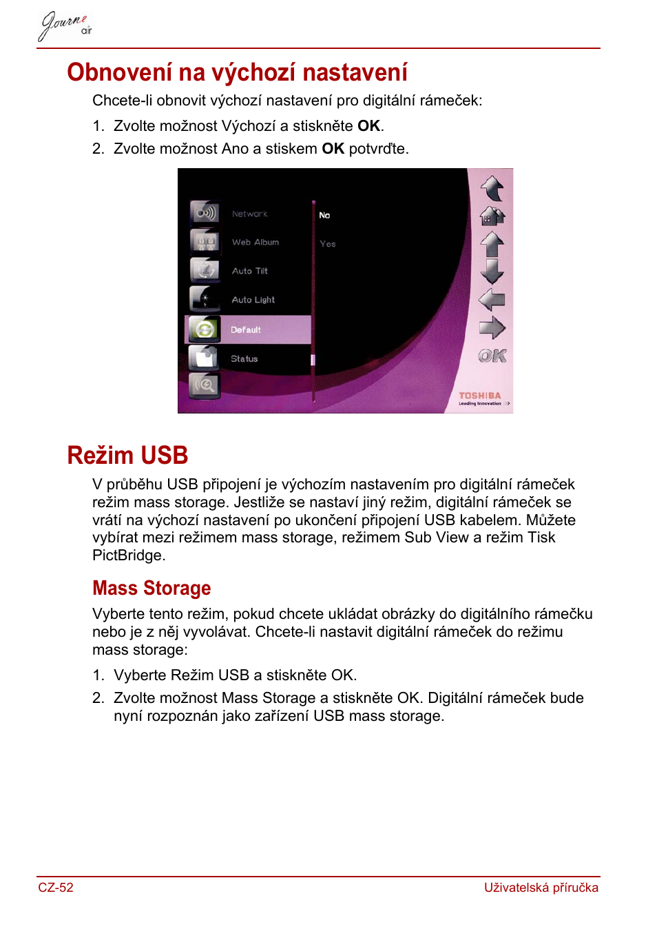 Obnovení na výchozí nastavení, Režim usb, Mass storage | Obnovení na výchozí nastavení režim usb | Toshiba JournE Air800-801 User Manual | Page 114 / 829