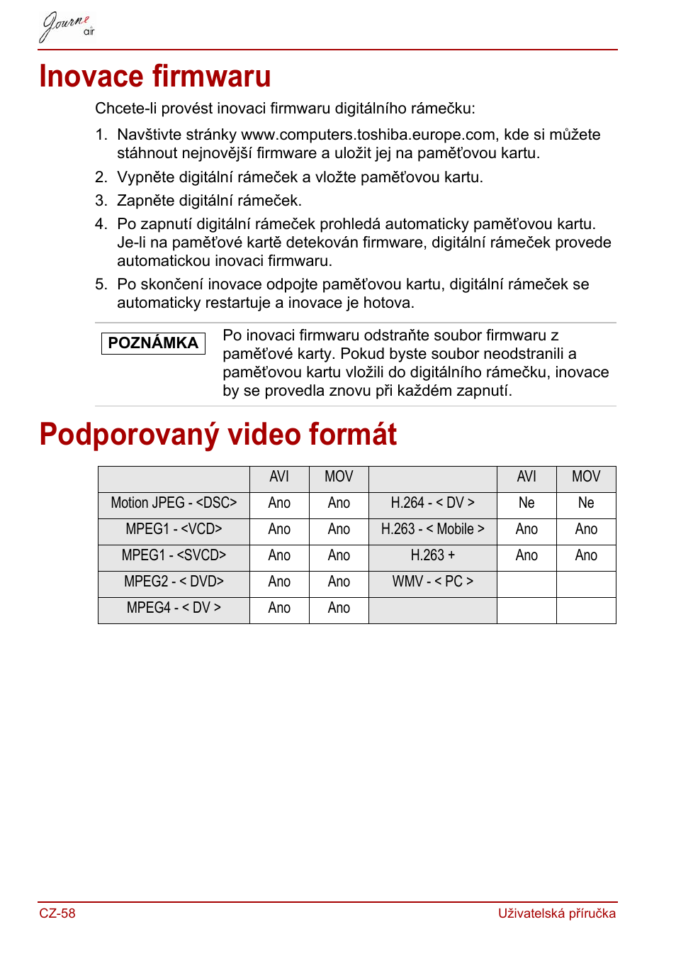 Inovace firmwaru, Podporovaný video formát, Inovace firmwaru podporovaný video formát | Toshiba JournE Air800-801 User Manual | Page 120 / 829