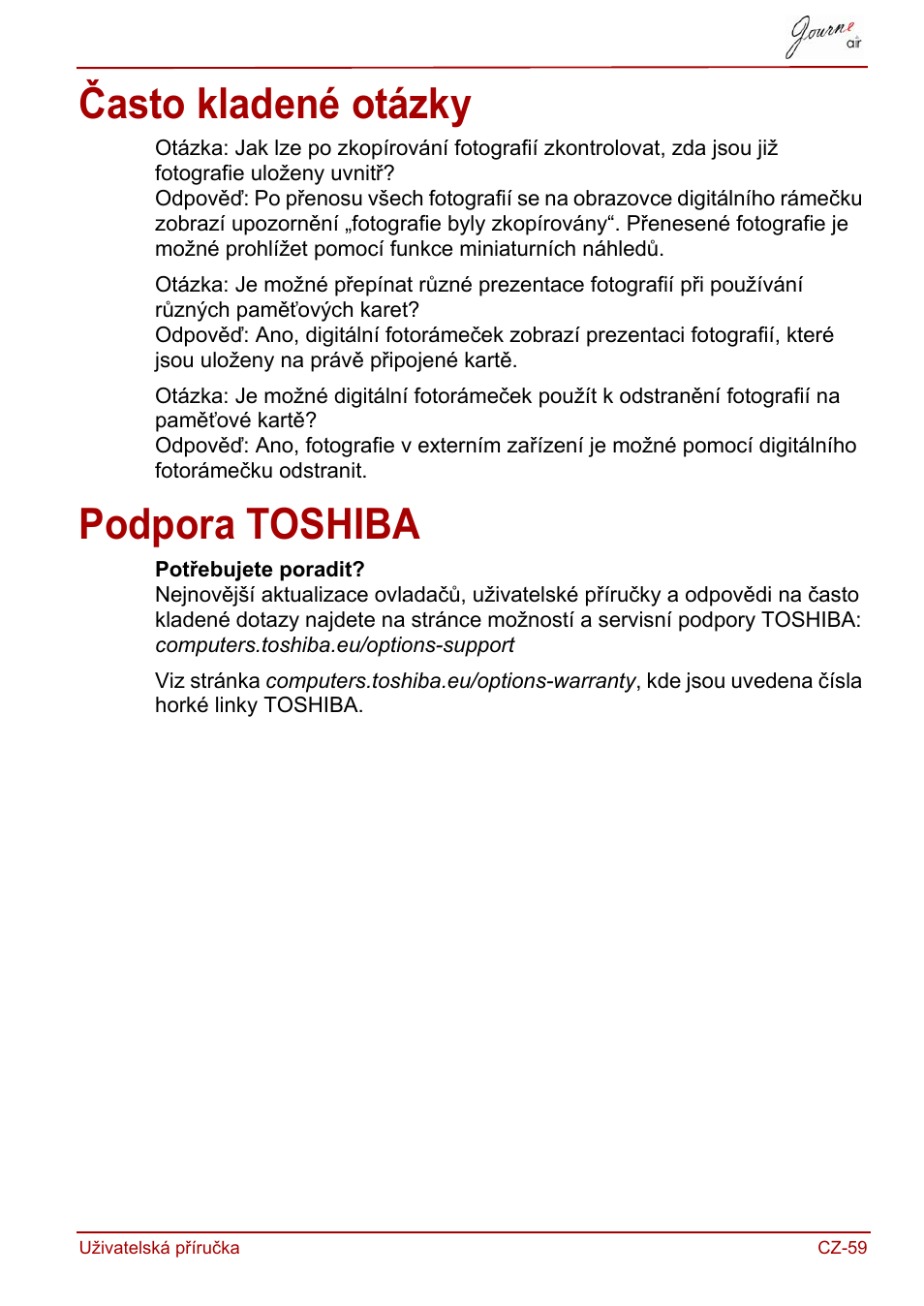 Často kladené otázky, Podpora toshiba, Často kladené otázky podpora toshiba | Toshiba JournE Air800-801 User Manual | Page 121 / 829