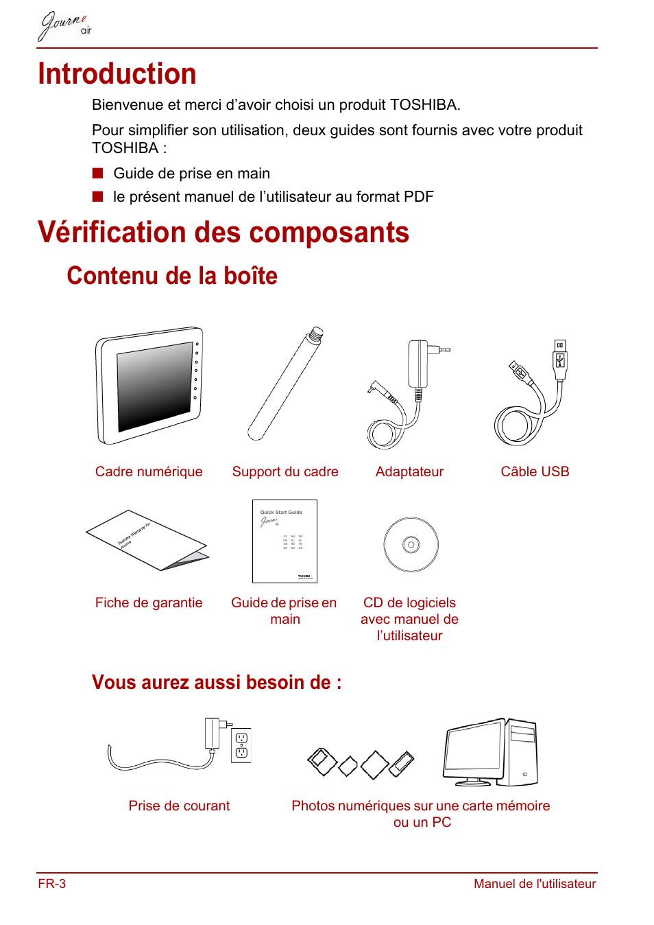 Introduction, Vérification des composants, Introduction vérification des composants | Contenu de la boîte, Vous aurez aussi besoin de | Toshiba JournE Air800-801 User Manual | Page 128 / 829