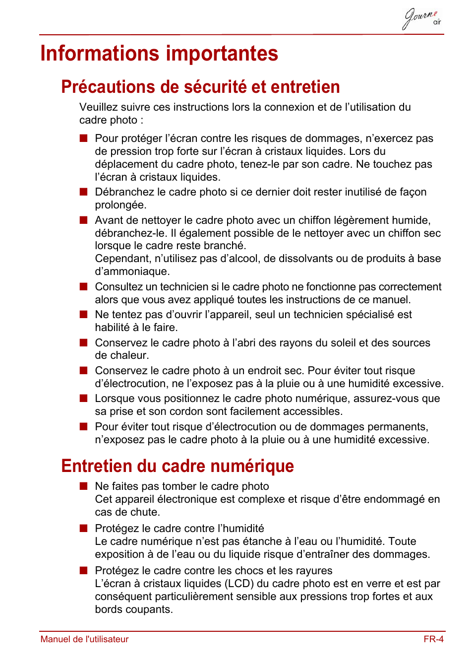 Informations importantes, Précautions de sécurité et entretien, Entretien du cadre numérique | Toshiba JournE Air800-801 User Manual | Page 129 / 829