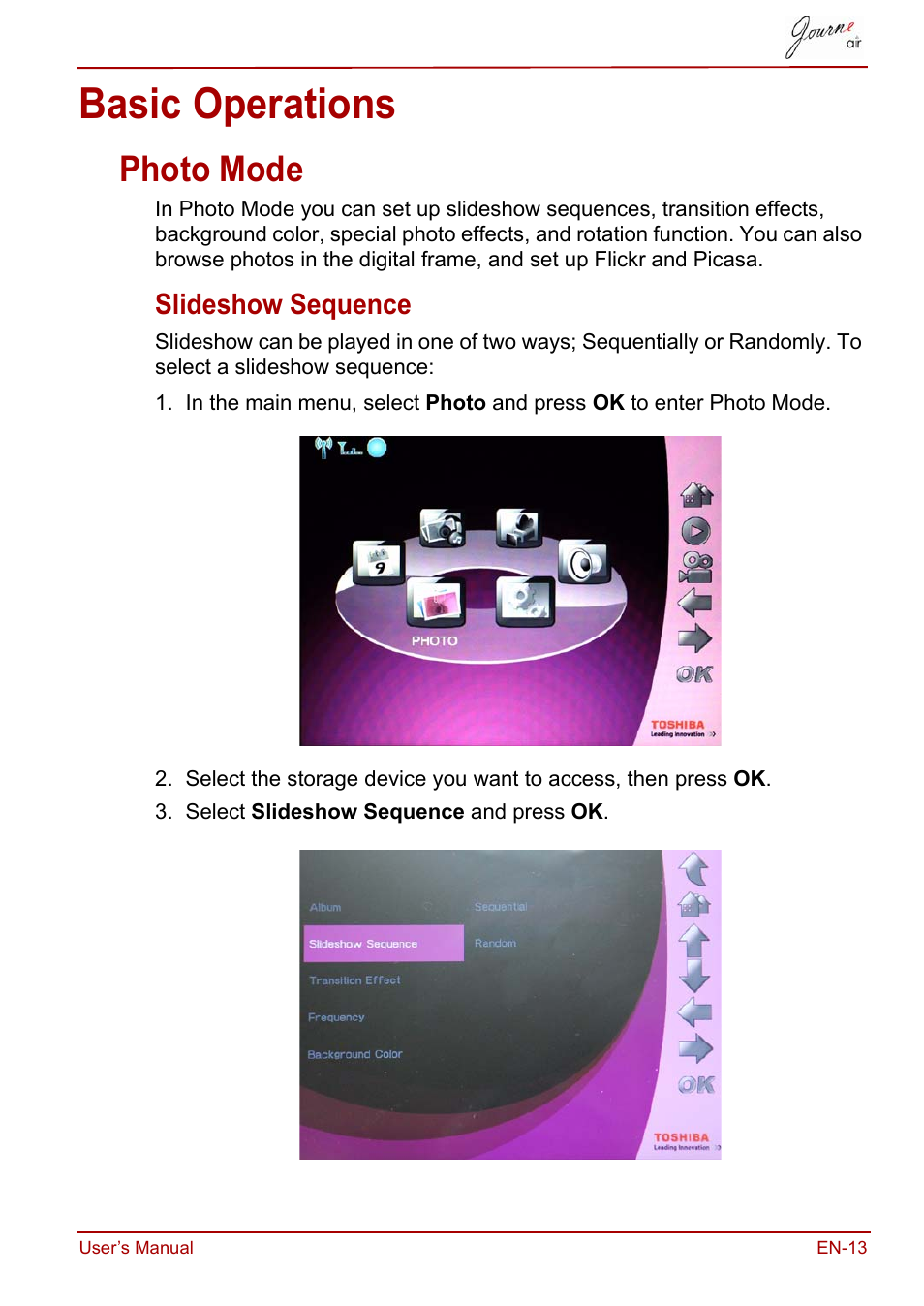 Basic operations, Photo mode, Slideshow sequence | Toshiba JournE Air800-801 User Manual | Page 13 / 829