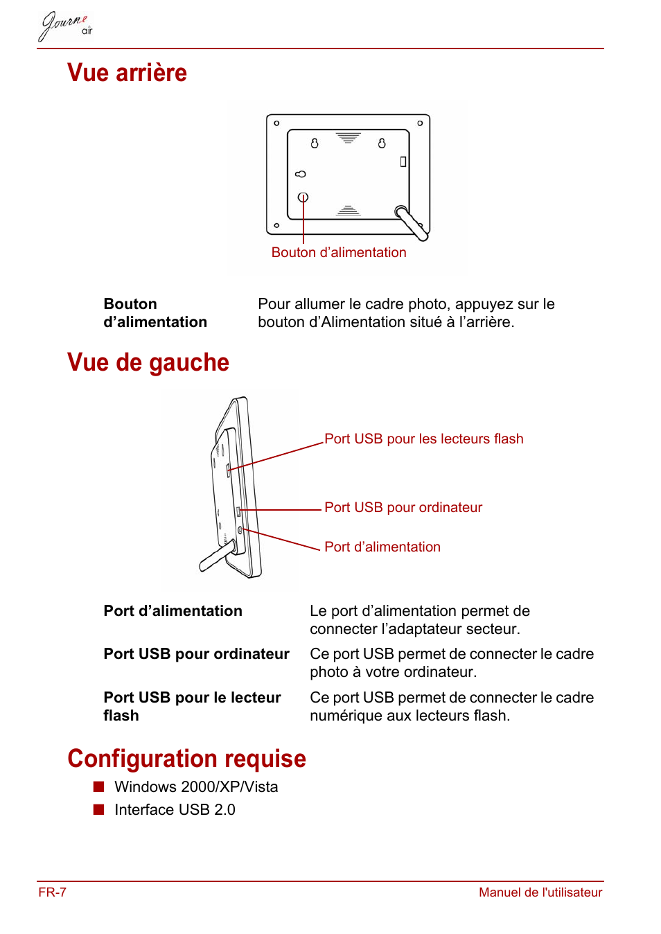 Vue arrière, Vue de gauche, Configuration requise | Vue arrière vue de gauche configuration requise | Toshiba JournE Air800-801 User Manual | Page 132 / 829