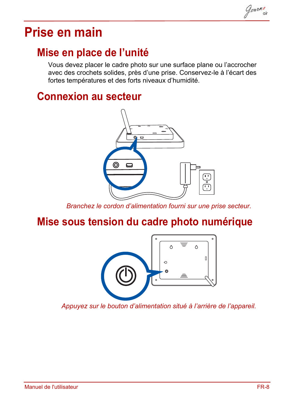 Prise en main, Mise en place de l’unité, Connexion au secteur | Mise sous tension du cadre photo numérique | Toshiba JournE Air800-801 User Manual | Page 133 / 829