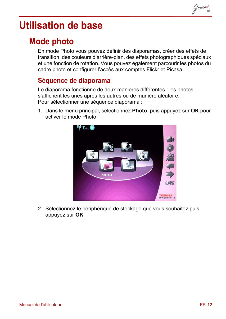 Utilisation de base, Mode photo, Séquence de diaporama | Toshiba JournE Air800-801 User Manual | Page 137 / 829