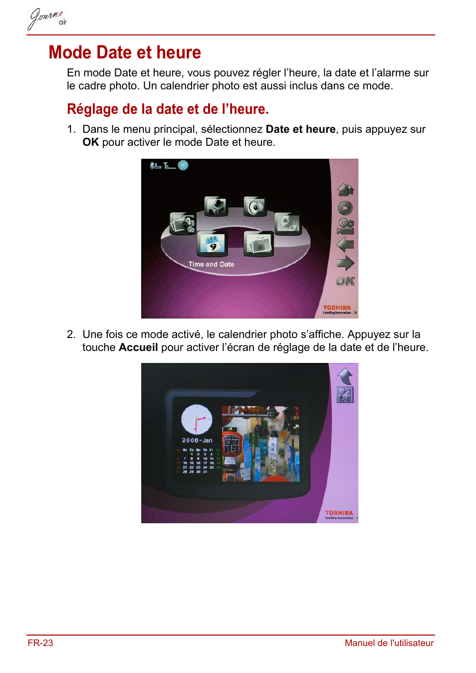 Mode date et heure, Réglage de la date et de l’heure | Toshiba JournE Air800-801 User Manual | Page 148 / 829