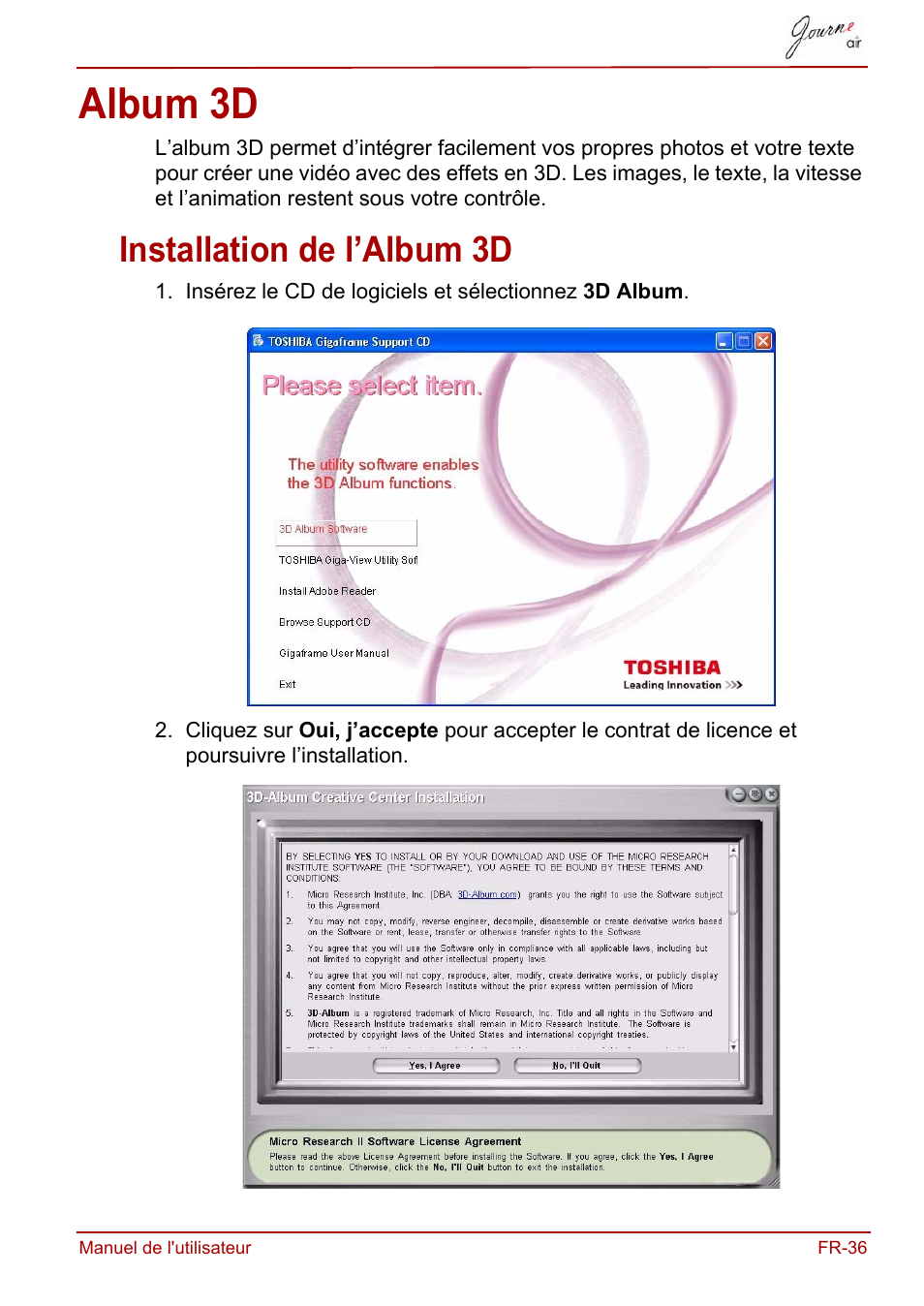 Album 3d, Installation de l’album 3d | Toshiba JournE Air800-801 User Manual | Page 161 / 829