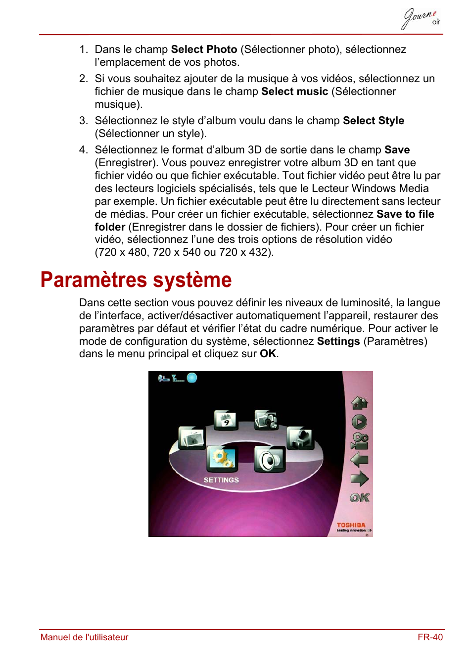 Paramètres système | Toshiba JournE Air800-801 User Manual | Page 165 / 829