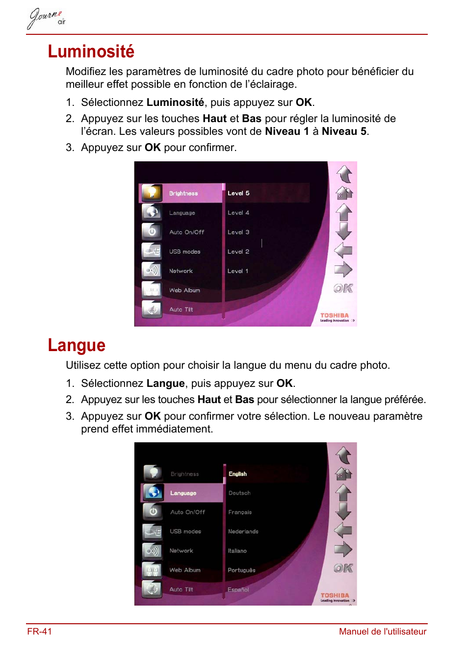 Luminosité, Langue, Luminosité langue | Toshiba JournE Air800-801 User Manual | Page 166 / 829