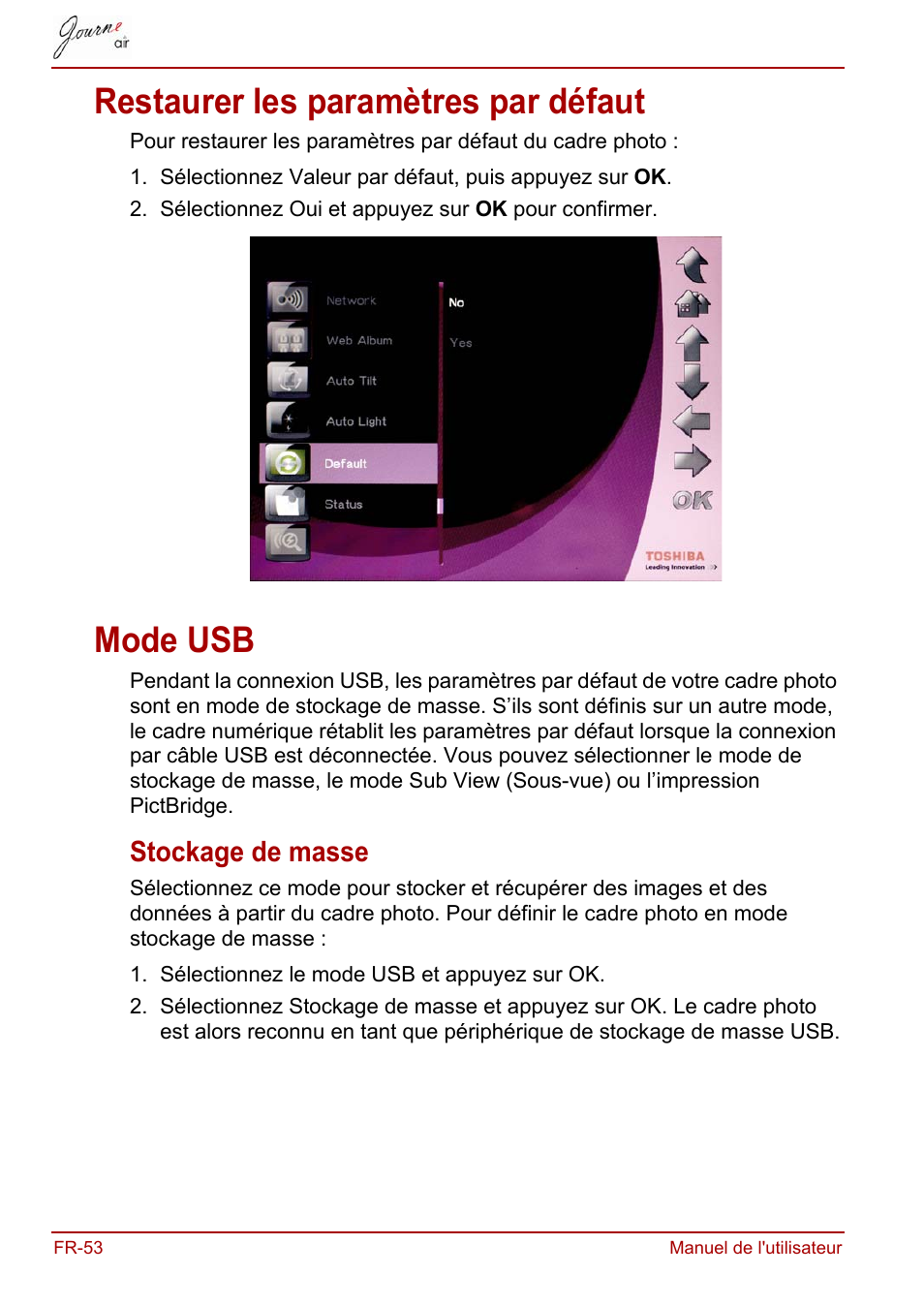 Restaurer les paramètres par défaut, Mode usb, Stockage de masse | Restaurer les paramètres par défaut mode usb | Toshiba JournE Air800-801 User Manual | Page 178 / 829