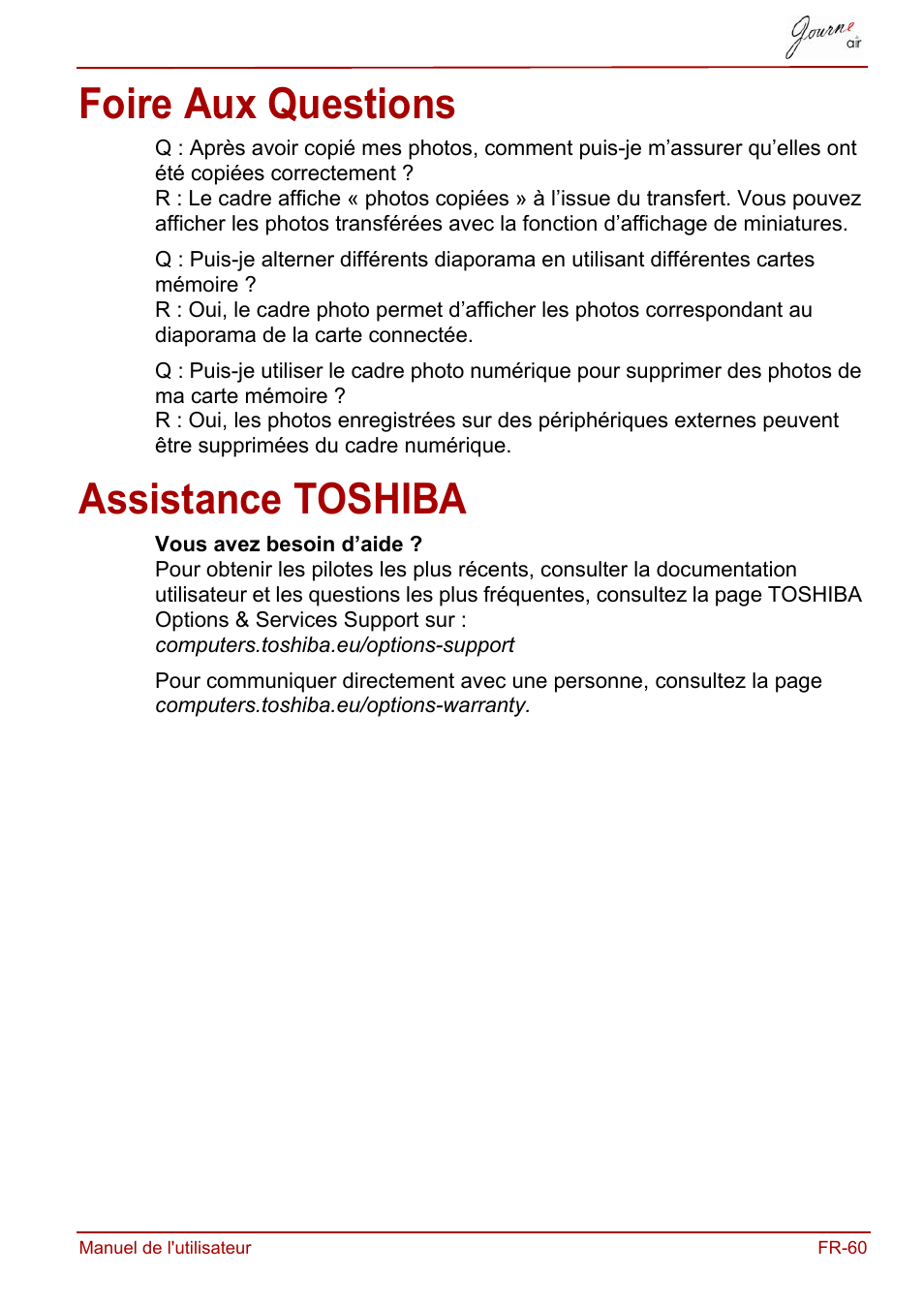 Foire aux questions, Assistance toshiba, Foire aux questions assistance toshiba | Toshiba JournE Air800-801 User Manual | Page 185 / 829