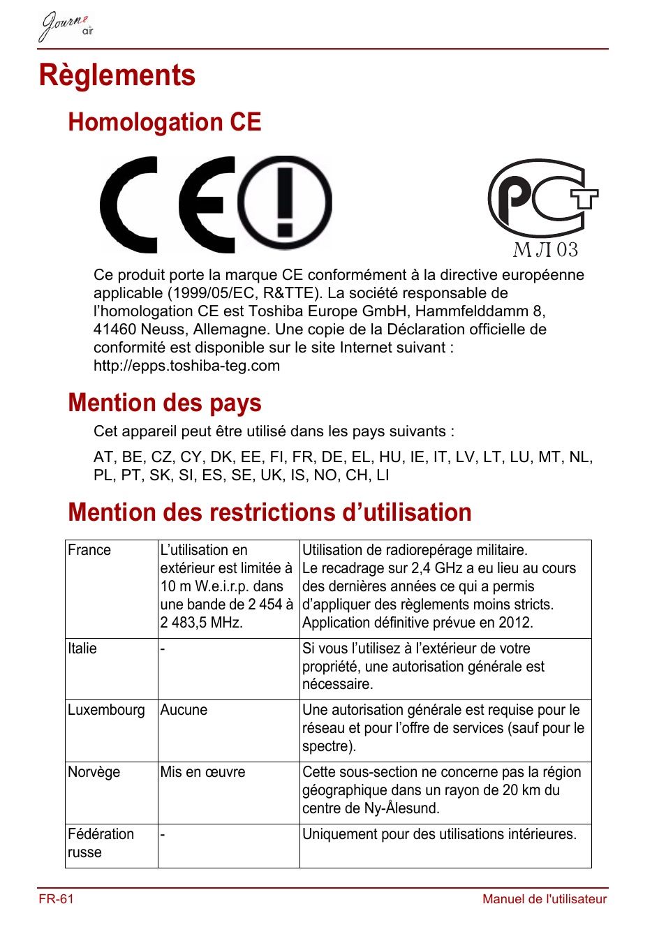 Règlements, Homologation ce, Mention des pays | Mention des restrictions d’utilisation | Toshiba JournE Air800-801 User Manual | Page 186 / 829