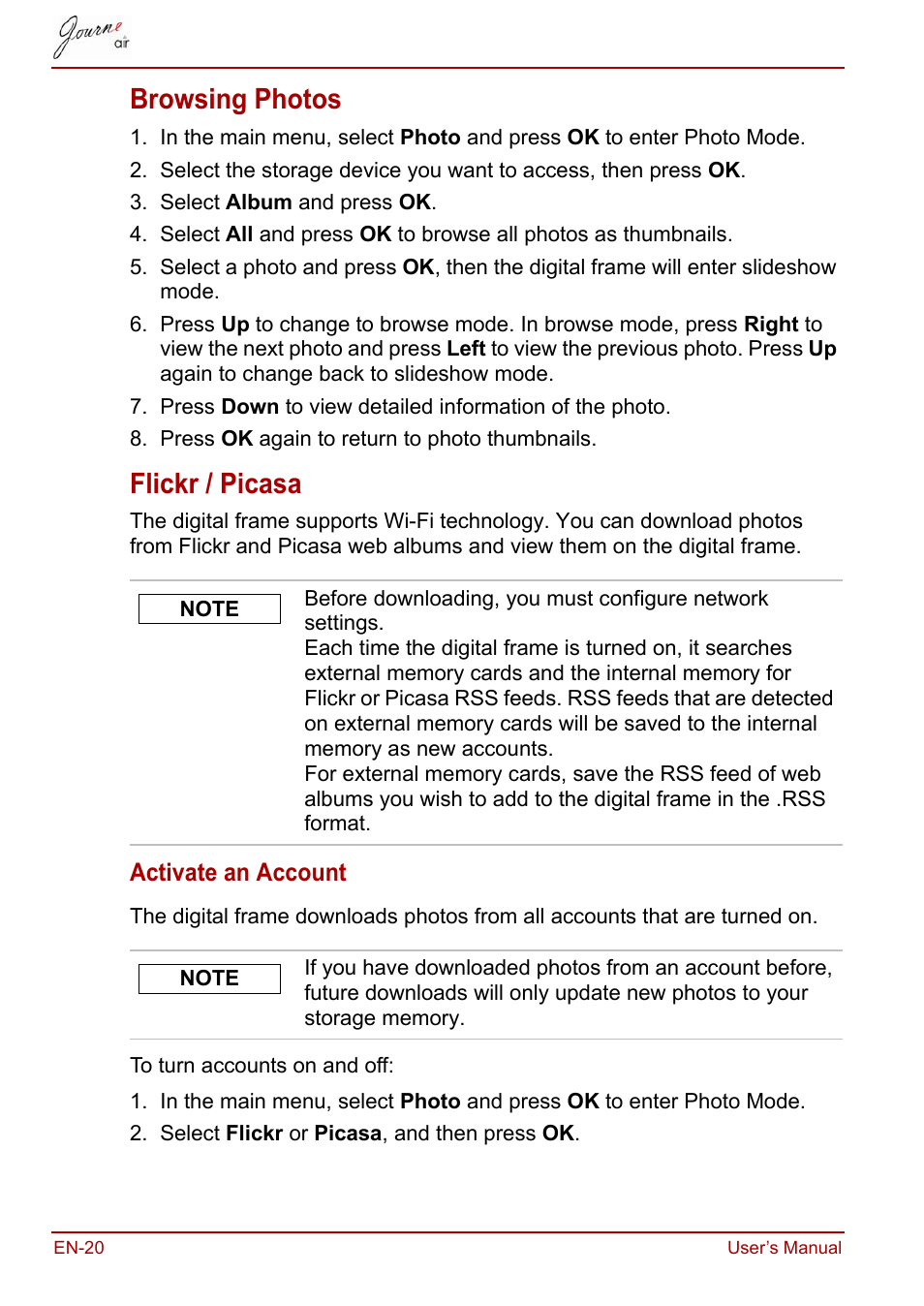 Browsing photos, Flickr / picasa, Browsing photos flickr / picasa | Toshiba JournE Air800-801 User Manual | Page 20 / 829