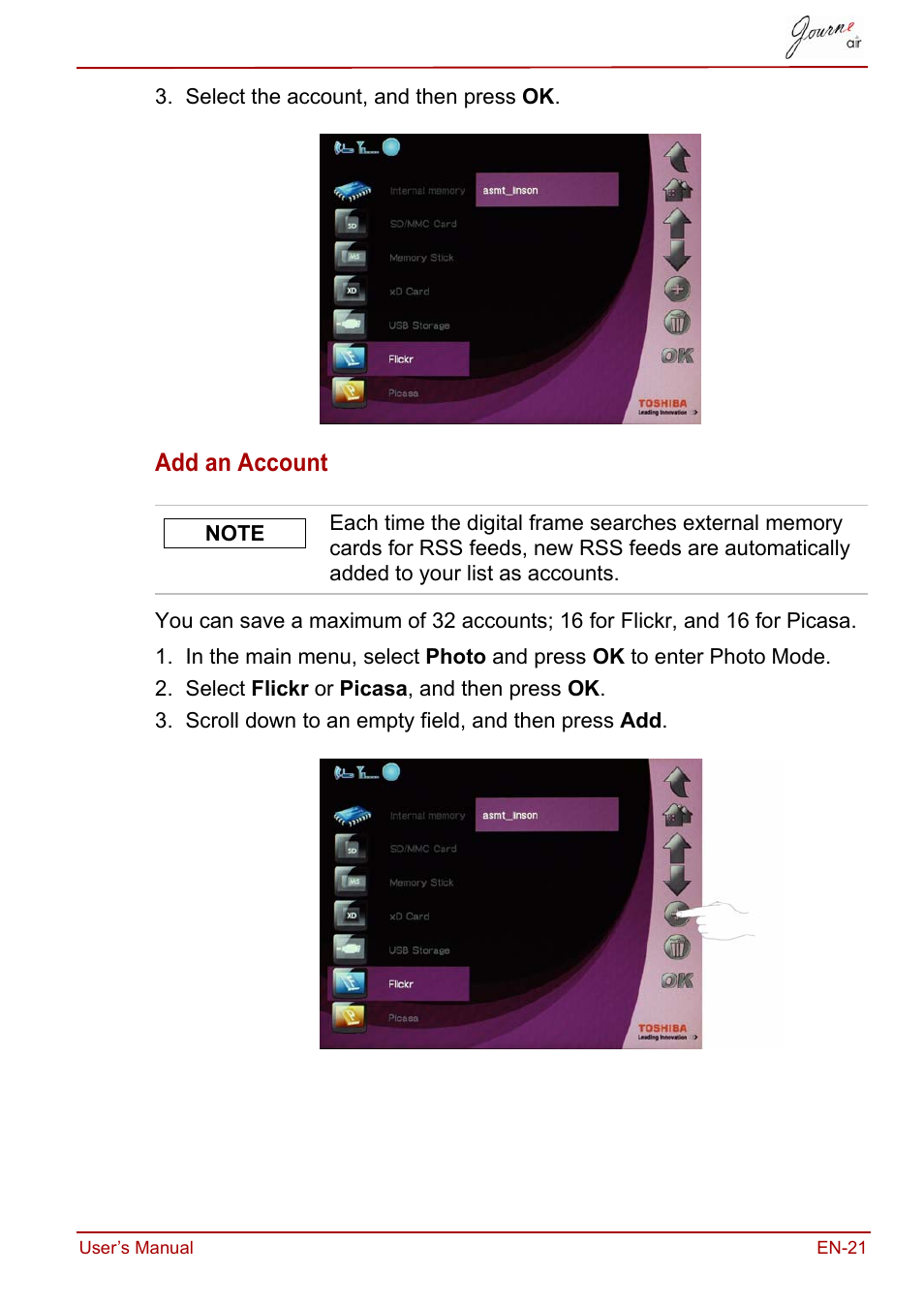 Add an account | Toshiba JournE Air800-801 User Manual | Page 21 / 829