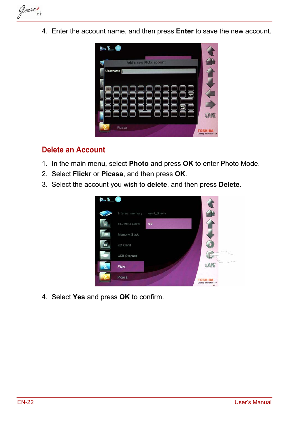 Delete an account | Toshiba JournE Air800-801 User Manual | Page 22 / 829