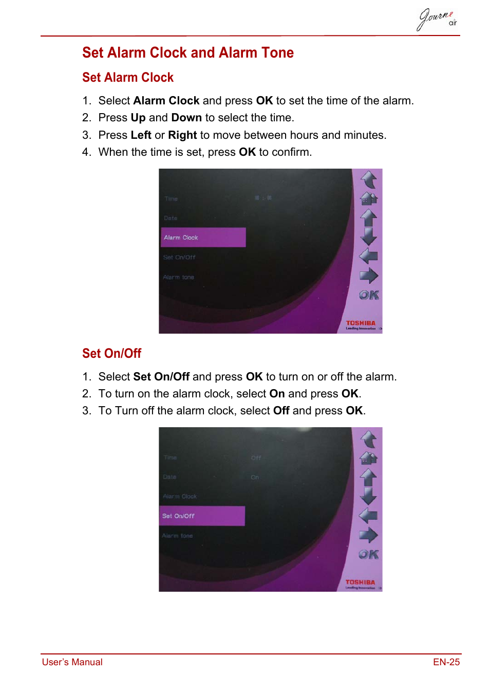 Set alarm clock and alarm tone | Toshiba JournE Air800-801 User Manual | Page 25 / 829