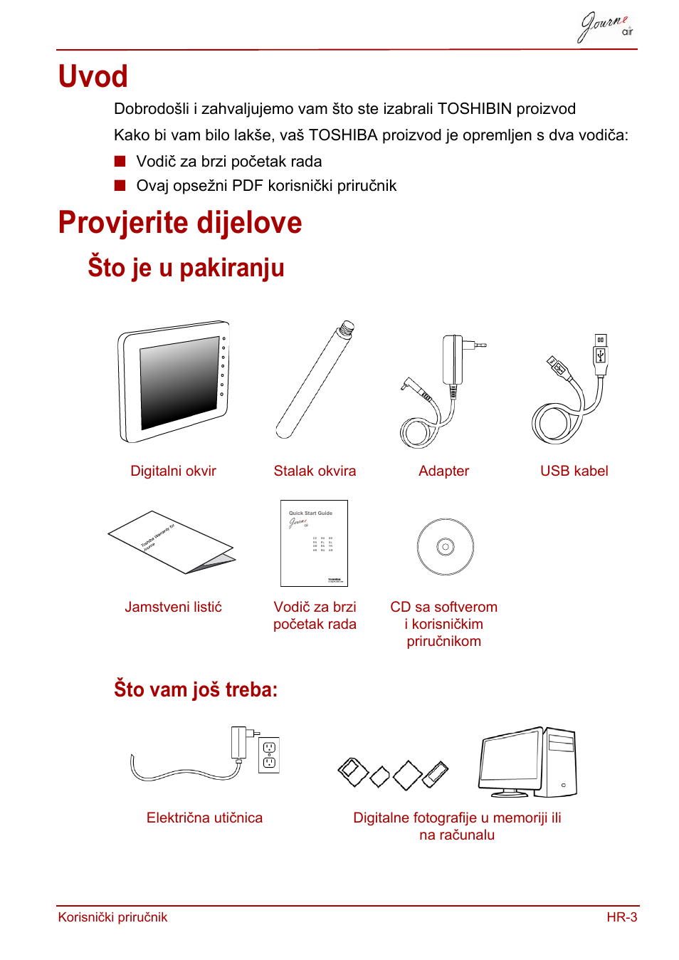 Uvod, Provjerite dijelove, Uvod provjerite dijelove | Što je u pakiranju, Što vam još treba | Toshiba JournE Air800-801 User Manual | Page 257 / 829