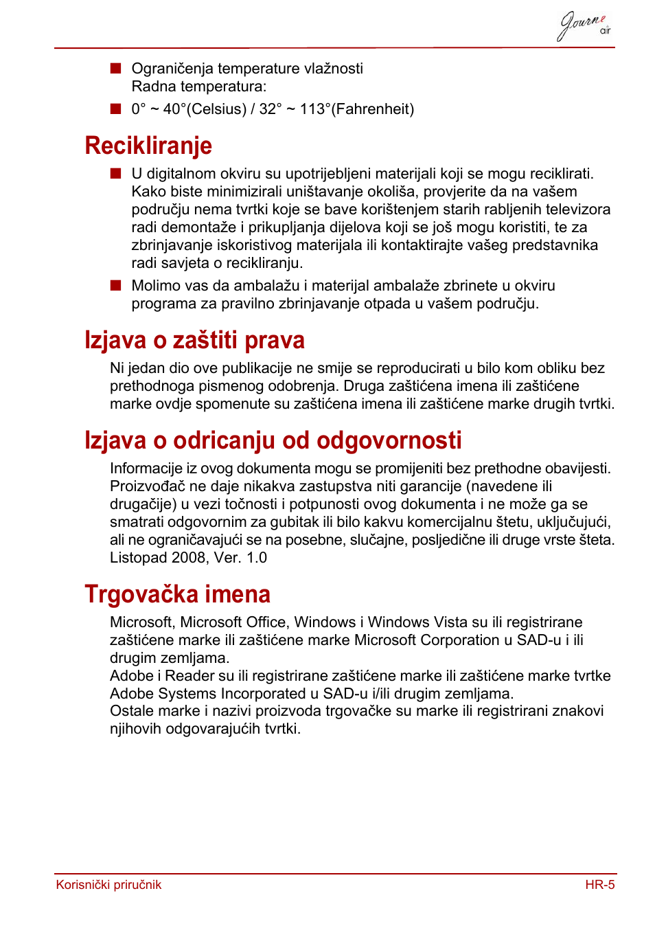 Recikliranje, Izjava o zaštiti prava, Izjava o odricanju od odgovornosti | Trgovačka imena | Toshiba JournE Air800-801 User Manual | Page 259 / 829