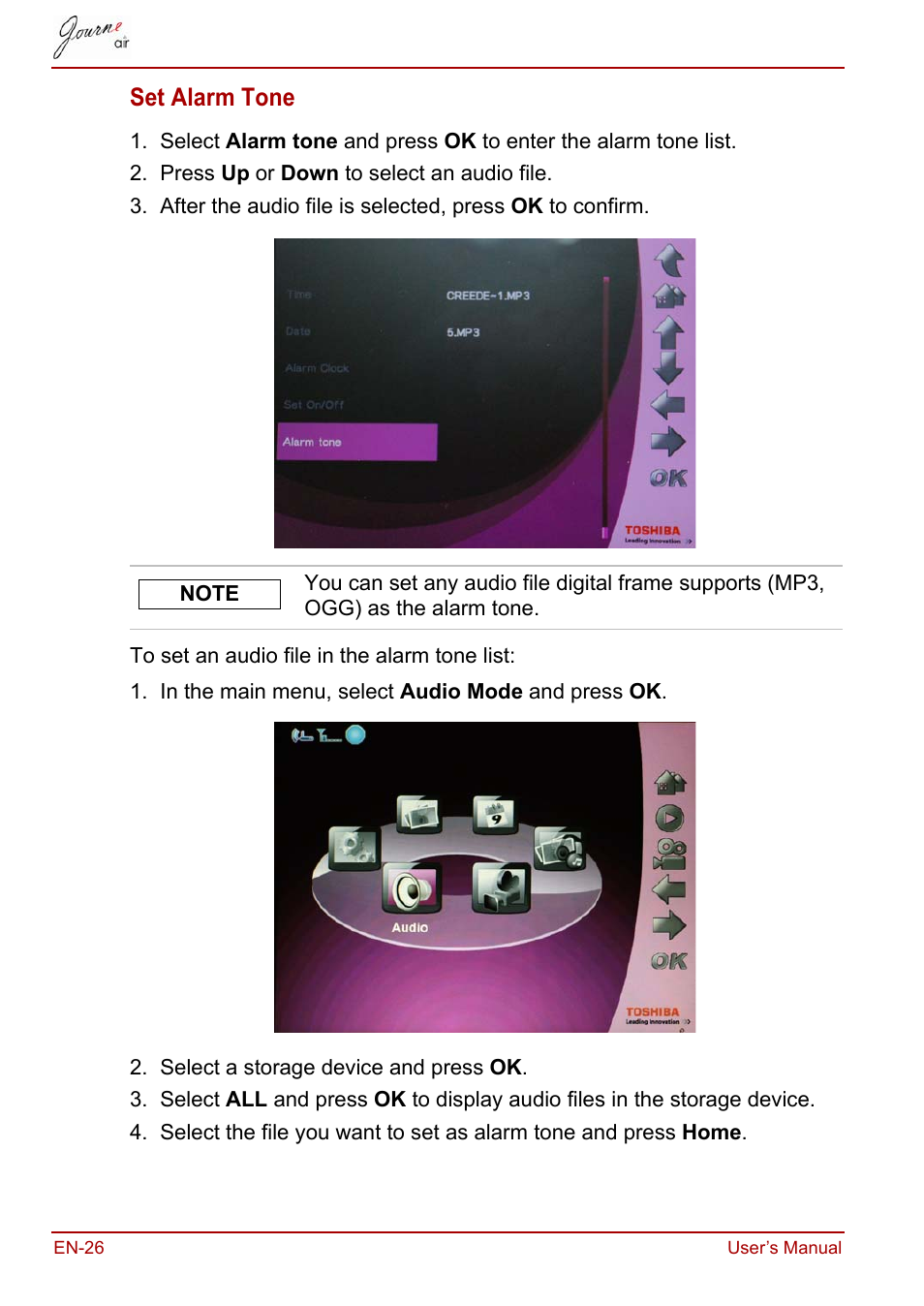 Set alarm tone | Toshiba JournE Air800-801 User Manual | Page 26 / 829