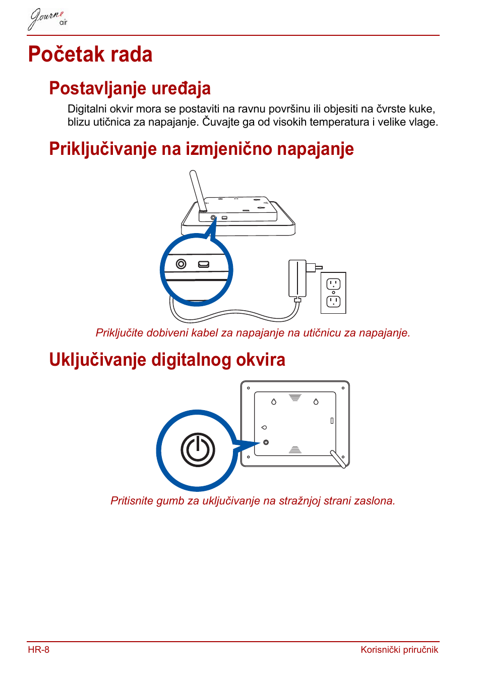 Početak rada, Postavljanje uređaja, Priključivanje na izmjenično napajanje | Uključivanje digitalnog okvira | Toshiba JournE Air800-801 User Manual | Page 262 / 829