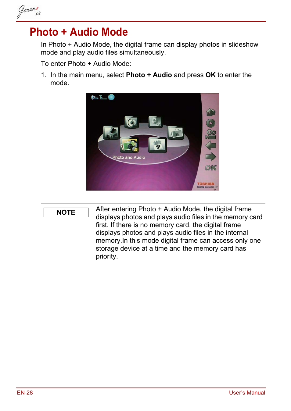 Photo + audio mode | Toshiba JournE Air800-801 User Manual | Page 28 / 829