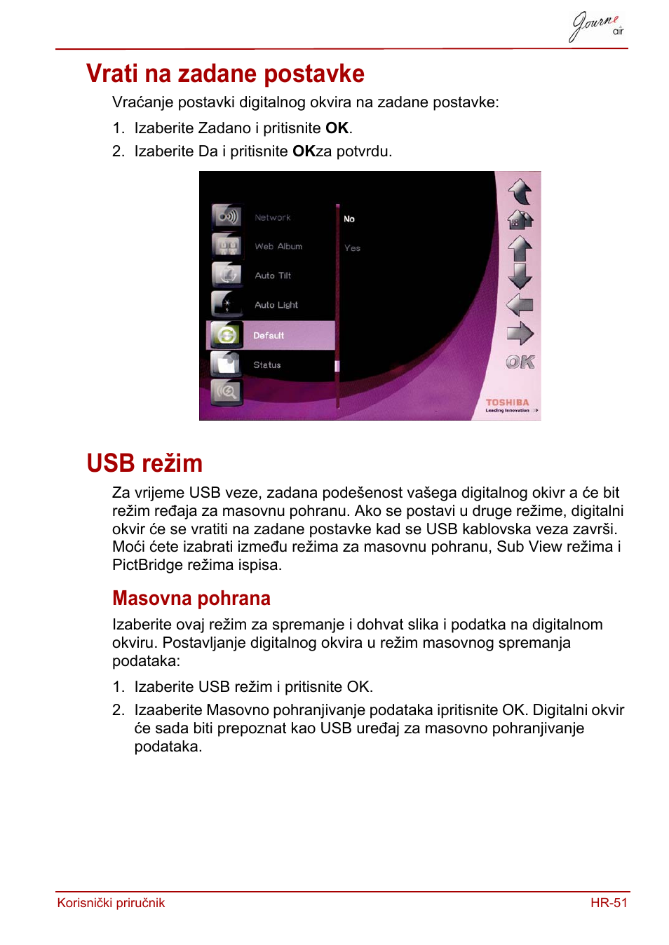 Vrati na zadane postavke, Usb režim, Masovna pohrana | Vrati na zadane postavke usb režim | Toshiba JournE Air800-801 User Manual | Page 305 / 829