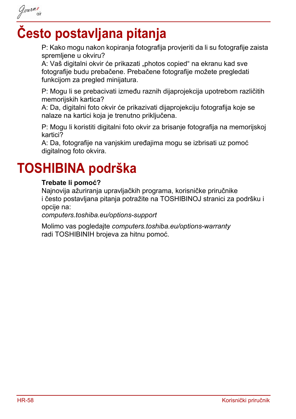 Često postavljana pitanja, Toshibina podrška, Često postavljana pitanja toshibina podrška | Toshiba JournE Air800-801 User Manual | Page 312 / 829