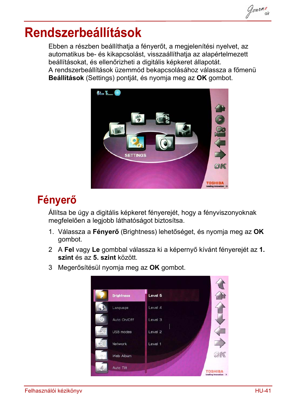 Rendszerbeállítások, Fényerő | Toshiba JournE Air800-801 User Manual | Page 357 / 829