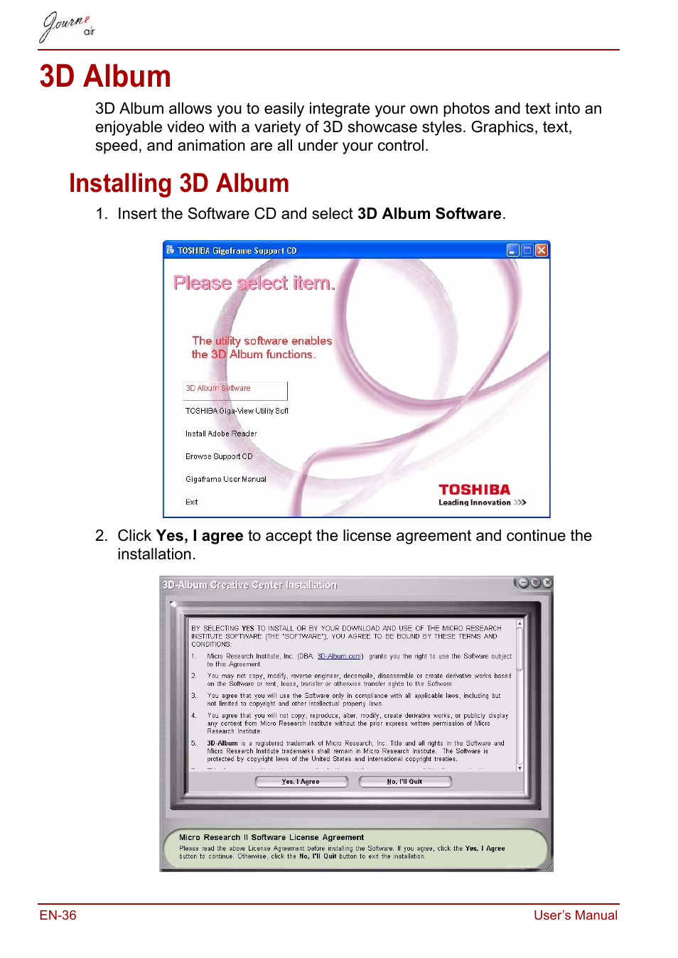 3d album, Installing 3d album | Toshiba JournE Air800-801 User Manual | Page 36 / 829