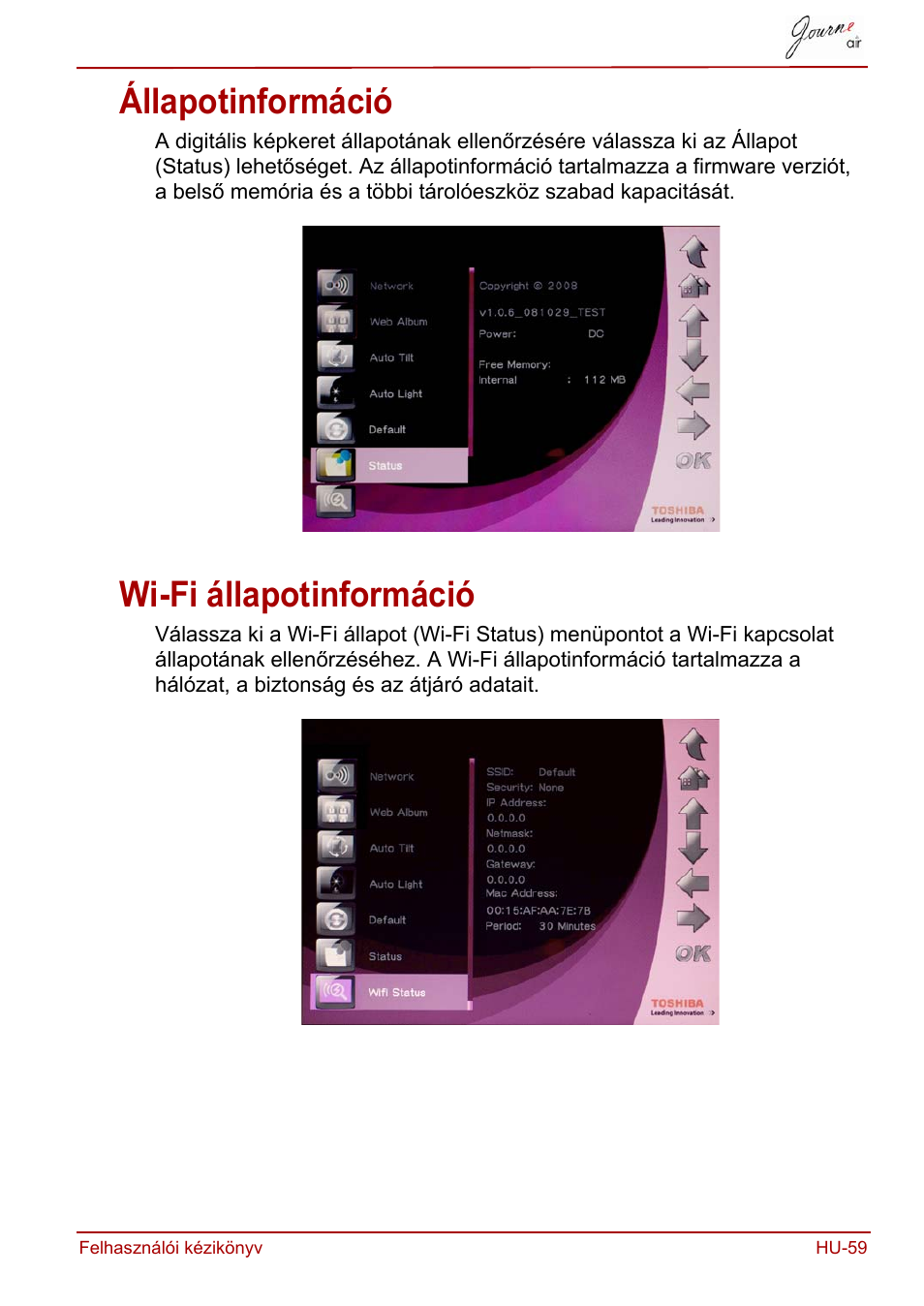 Állapotinformáció, Wi-fi állapotinformáció, Állapotinformáció wi-fi állapotinformáció | Toshiba JournE Air800-801 User Manual | Page 375 / 829