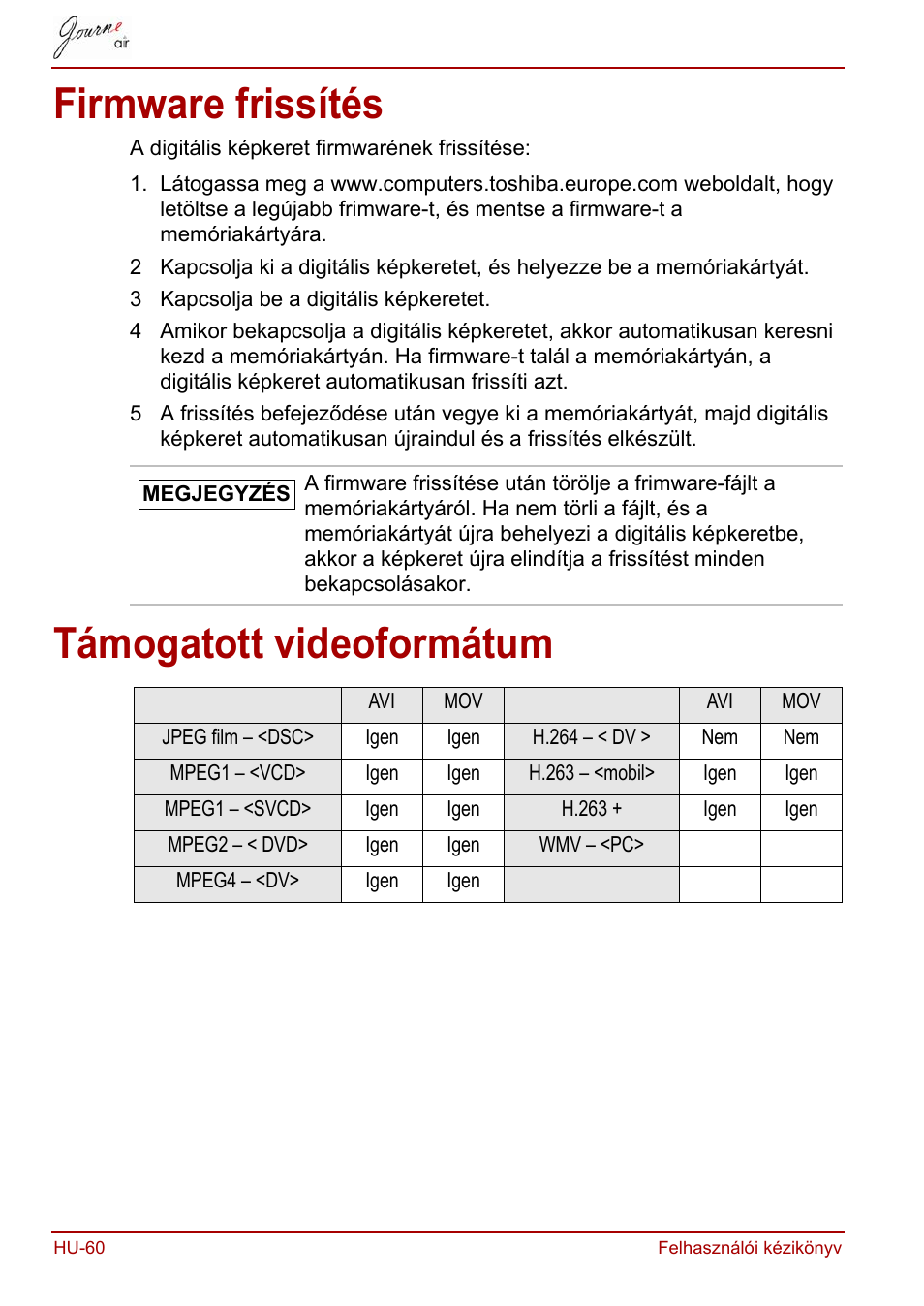 Firmware frissítés, Támogatott videoformátum, Firmware frissítés támogatott videoformátum | Toshiba JournE Air800-801 User Manual | Page 376 / 829