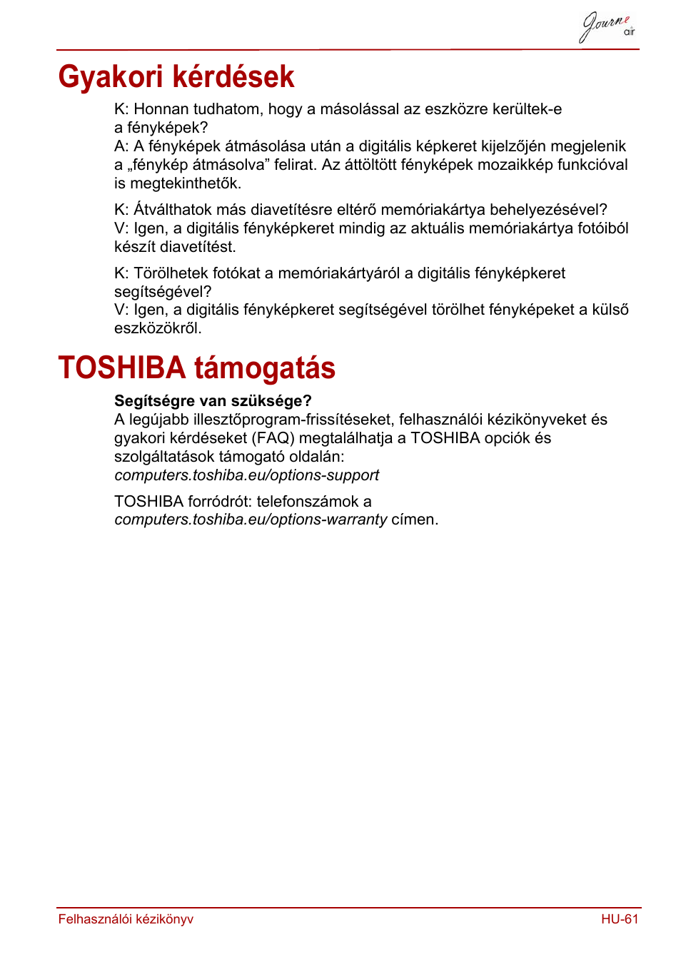 Gyakori kérdések, Toshiba támogatás, Gyakori kérdések toshiba támogatás | Toshiba JournE Air800-801 User Manual | Page 377 / 829