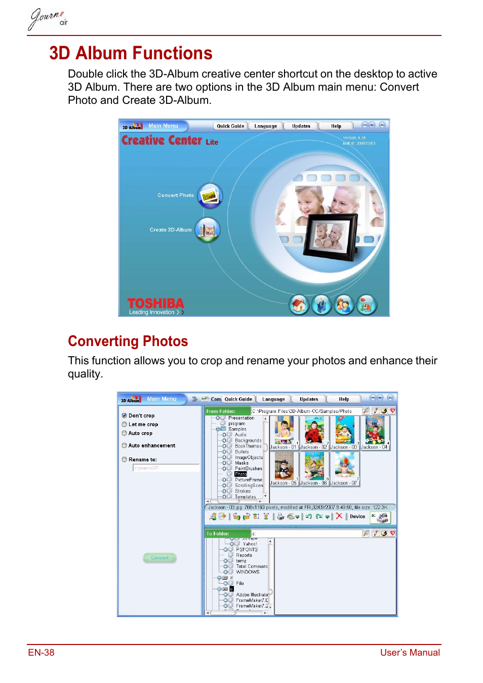 3d album functions, Converting photos | Toshiba JournE Air800-801 User Manual | Page 38 / 829