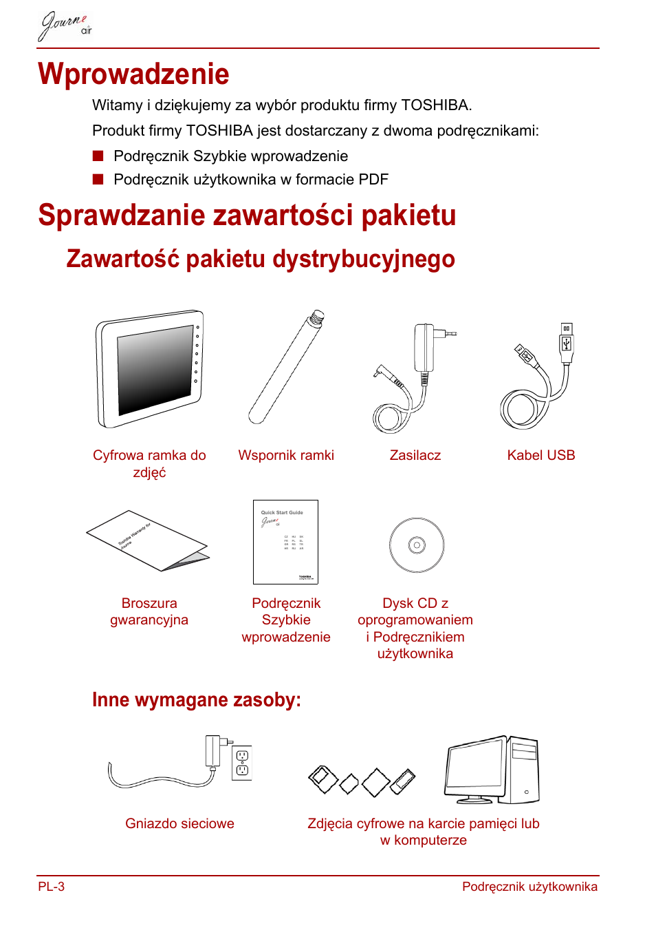 Wprowadzenie, Sprawdzanie zawartości pakietu, Wprowadzenie sprawdzanie zawartości pakietu | Zawartość pakietu dystrybucyjnego, Inne wymagane zasoby | Toshiba JournE Air800-801 User Manual | Page 384 / 829