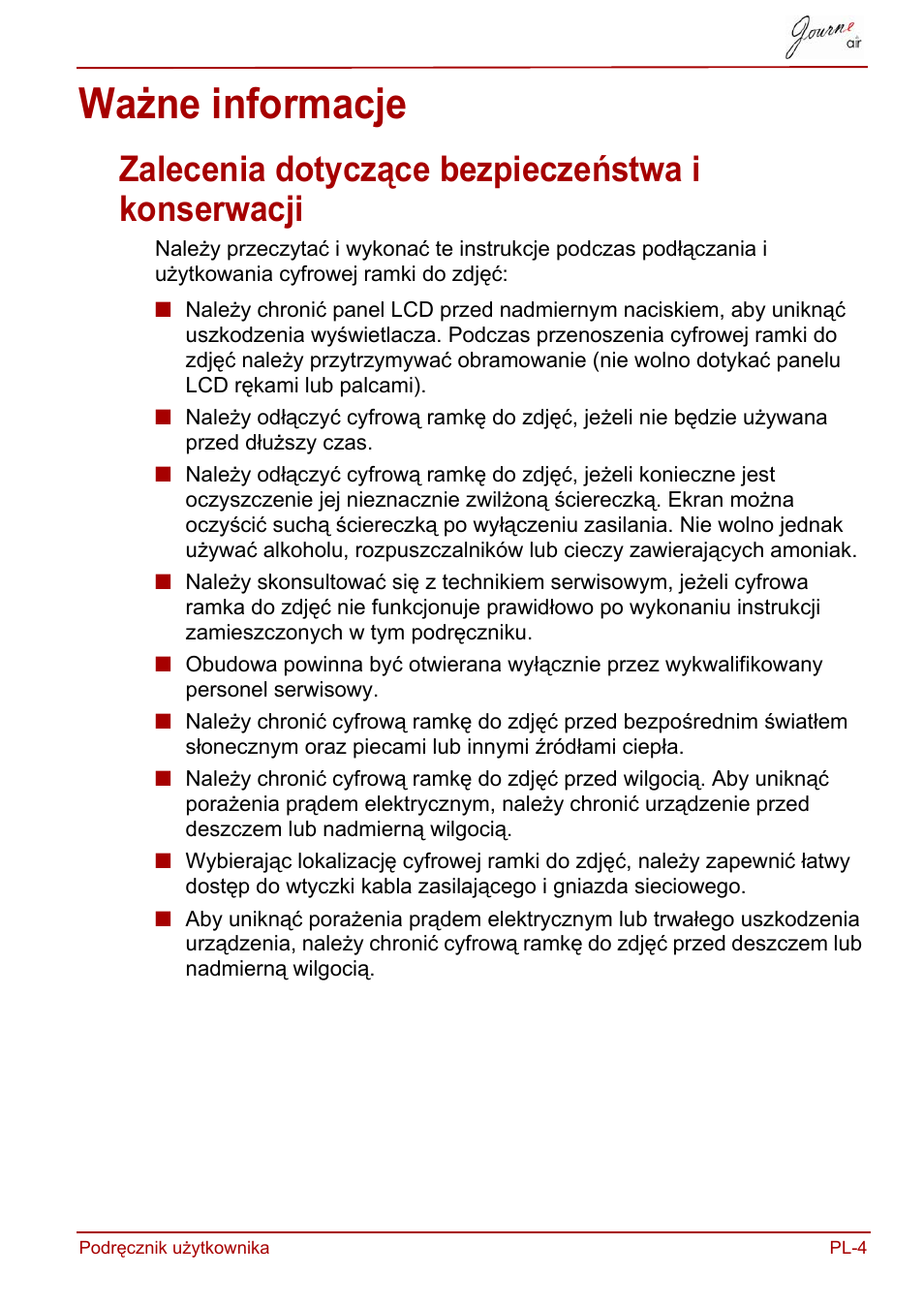 Ważne informacje, Zalecenia dotyczące bezpieczeństwa i konserwacji | Toshiba JournE Air800-801 User Manual | Page 385 / 829