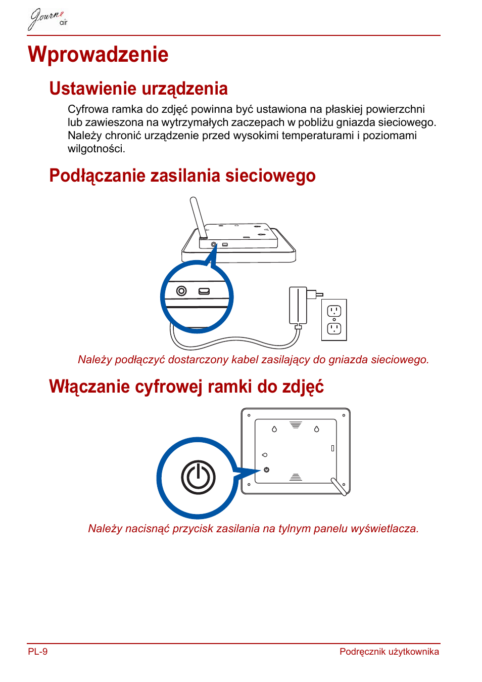 Wprowadzenie, Ustawienie urządzenia, Podłączanie zasilania sieciowego | Włączanie cyfrowej ramki do zdjęć | Toshiba JournE Air800-801 User Manual | Page 390 / 829