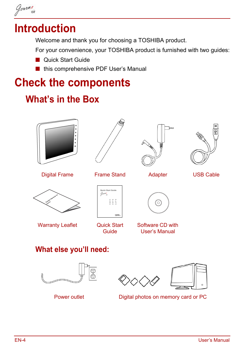 Introduction, Check the components, Introduction check the components | What’s in the box, What else you’ll need | Toshiba JournE Air800-801 User Manual | Page 4 / 829