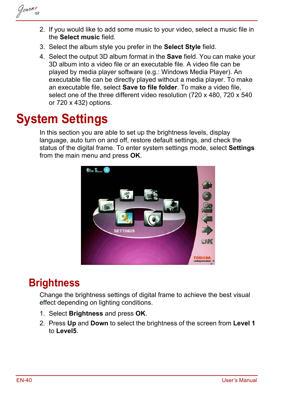 System settings, Brightness | Toshiba JournE Air800-801 User Manual | Page 40 / 829