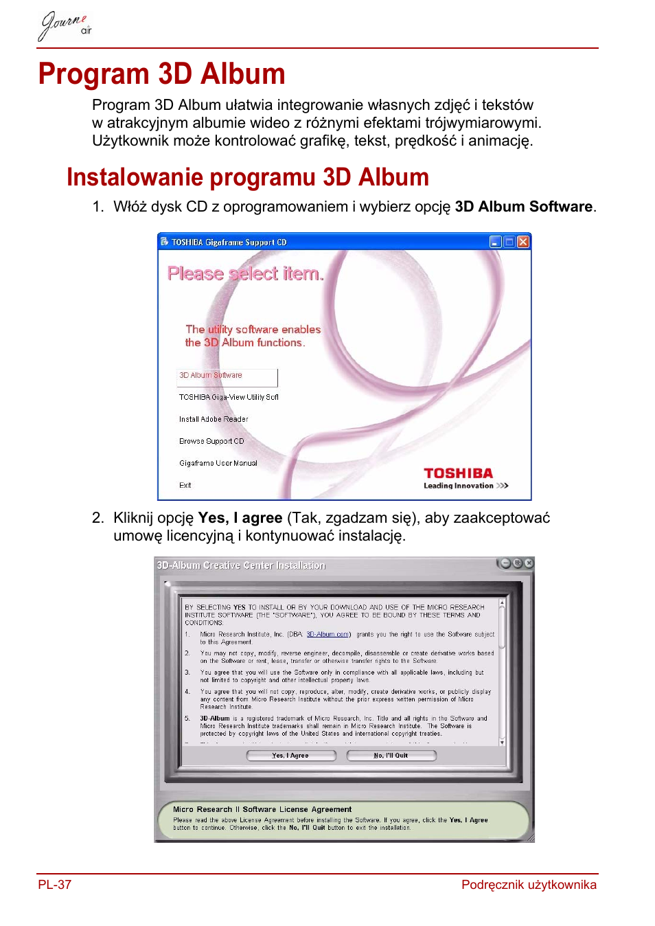 Program 3d album, Instalowanie programu 3d album | Toshiba JournE Air800-801 User Manual | Page 418 / 829