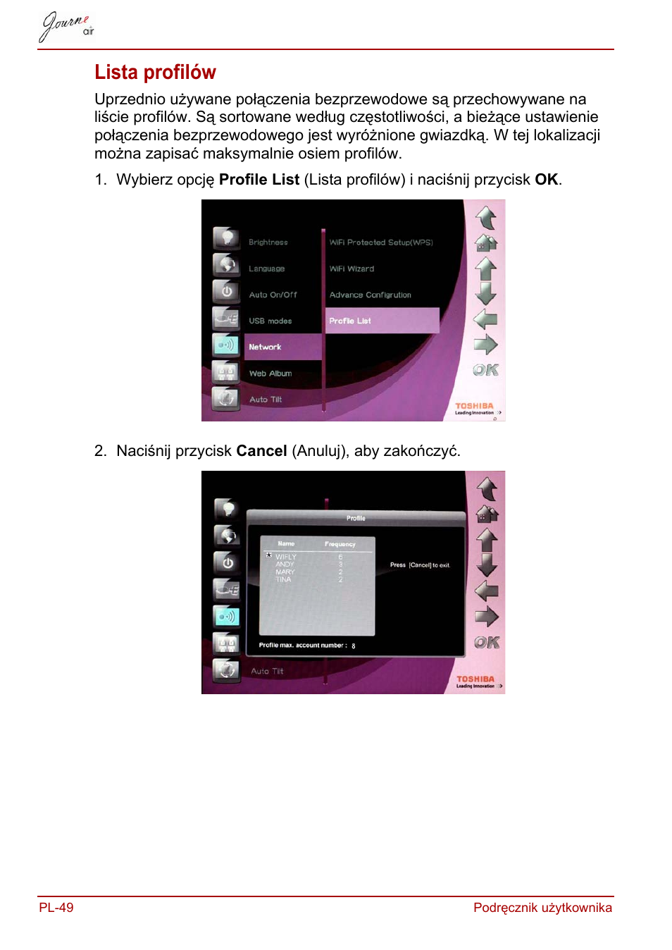 Lista profilów | Toshiba JournE Air800-801 User Manual | Page 430 / 829