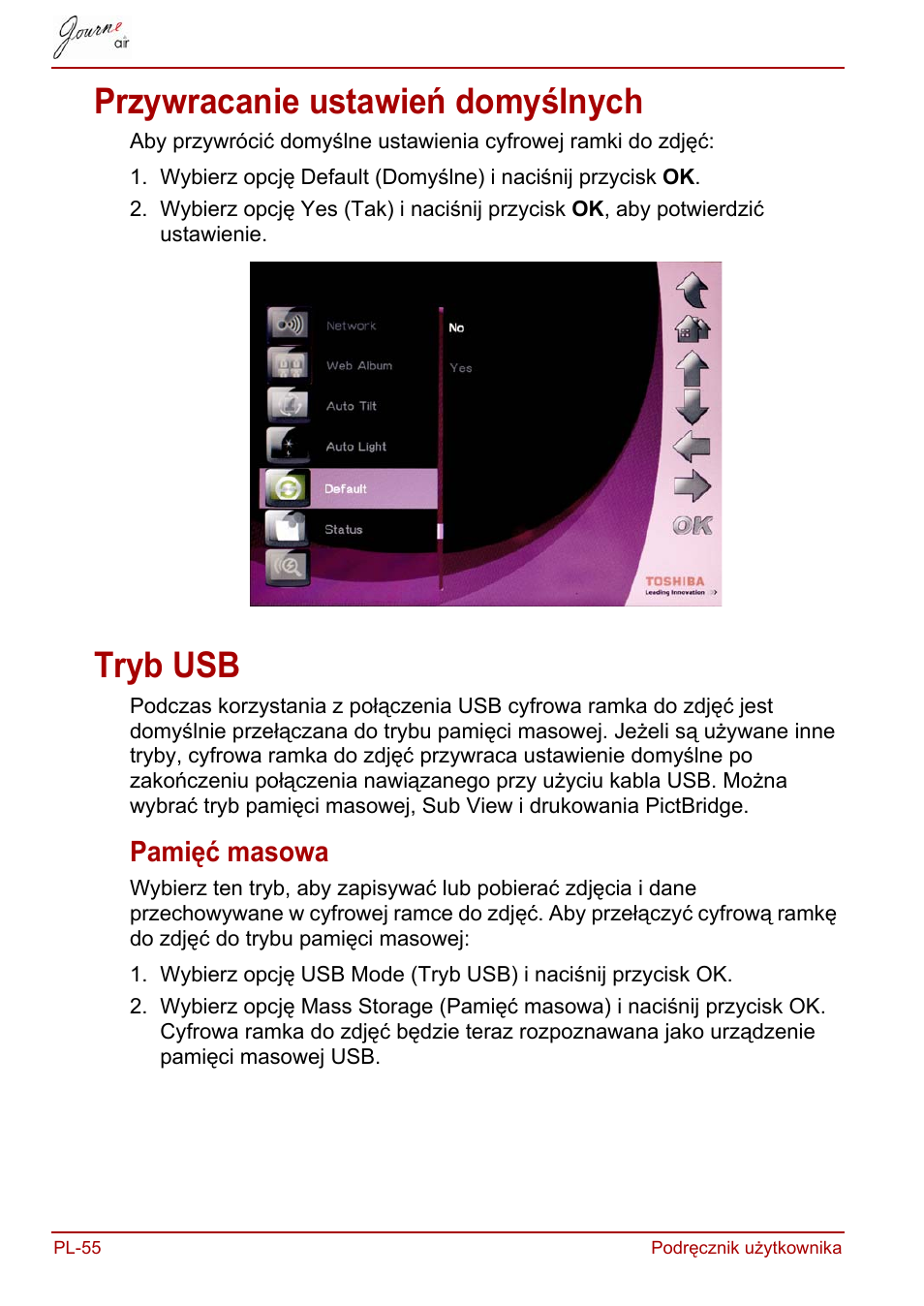 Przywracanie ustawień domyślnych, Tryb usb, Pamięć masowa | Przywracanie ustawień domyślnych tryb usb | Toshiba JournE Air800-801 User Manual | Page 436 / 829