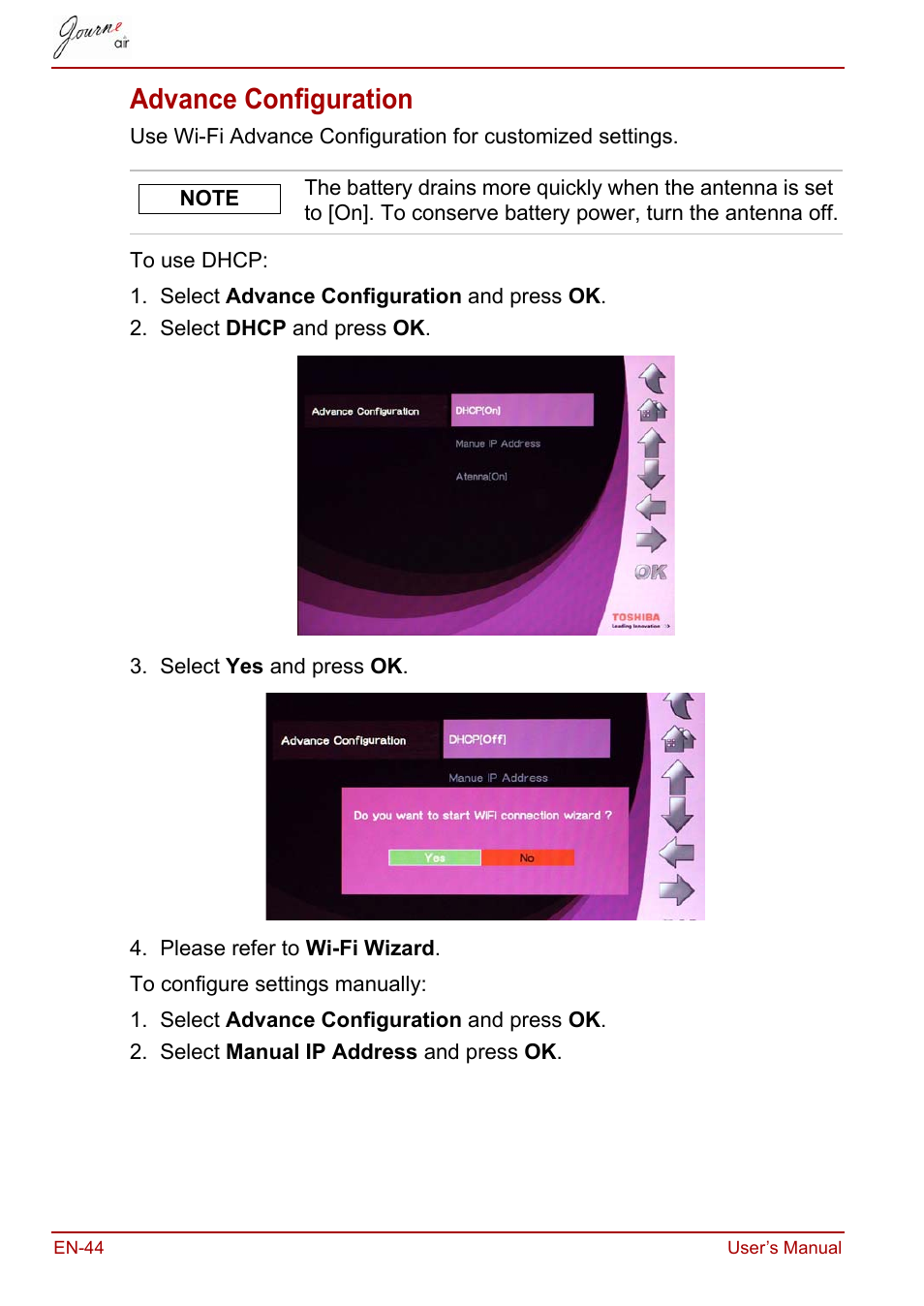 Advance configuration | Toshiba JournE Air800-801 User Manual | Page 44 / 829