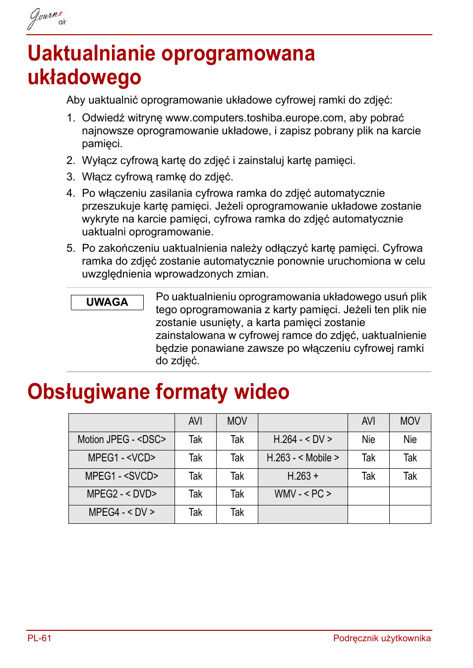 Uaktualnianie oprogramowana układowego, Obsługiwane formaty wideo | Toshiba JournE Air800-801 User Manual | Page 442 / 829