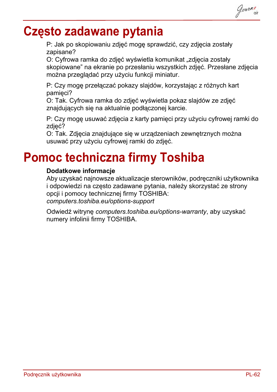 Często zadawane pytania, Pomoc techniczna firmy toshiba | Toshiba JournE Air800-801 User Manual | Page 443 / 829