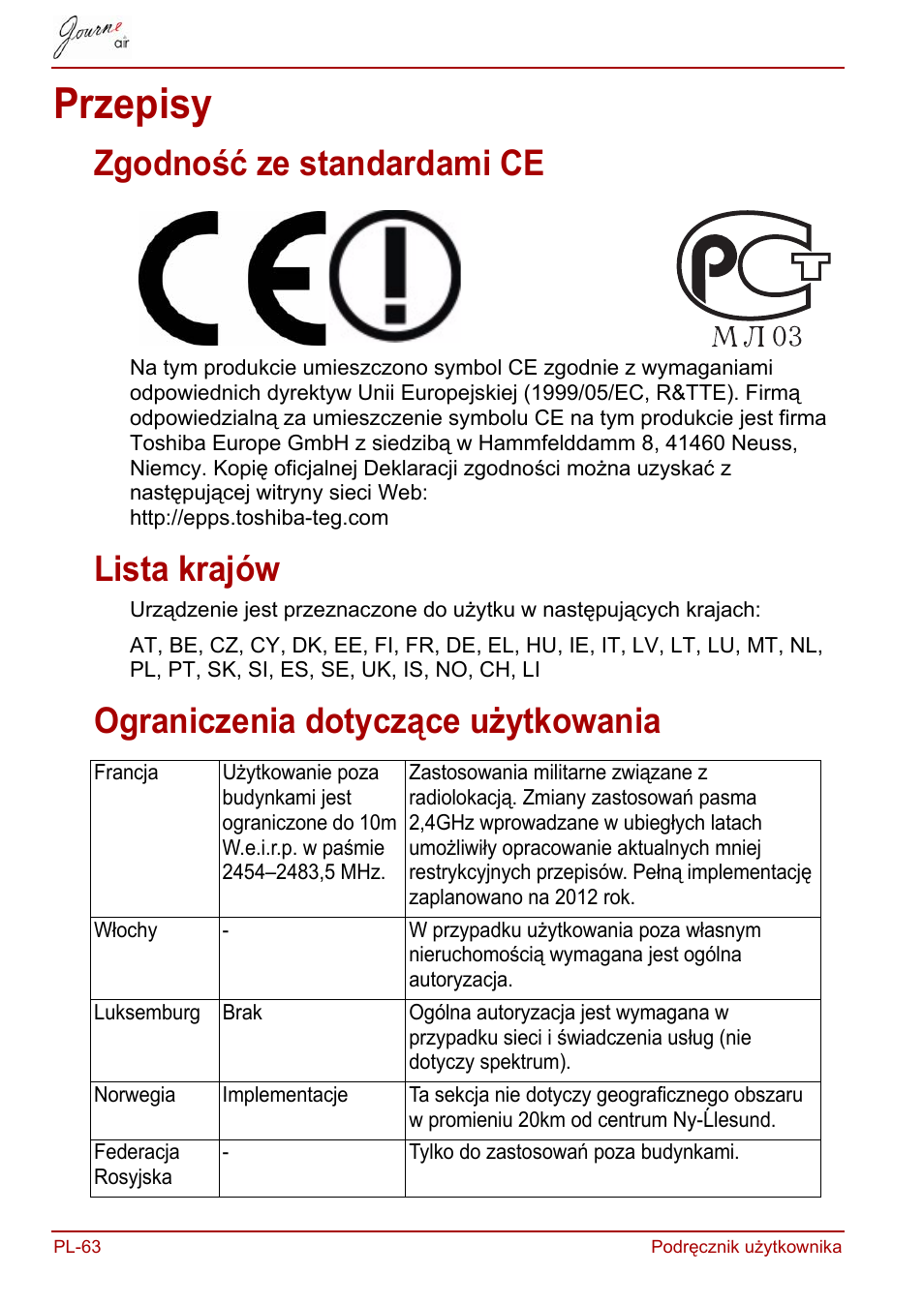 Przepisy, Zgodność ze standardami ce, Lista krajów | Ograniczenia dotyczące użytkowania | Toshiba JournE Air800-801 User Manual | Page 444 / 829