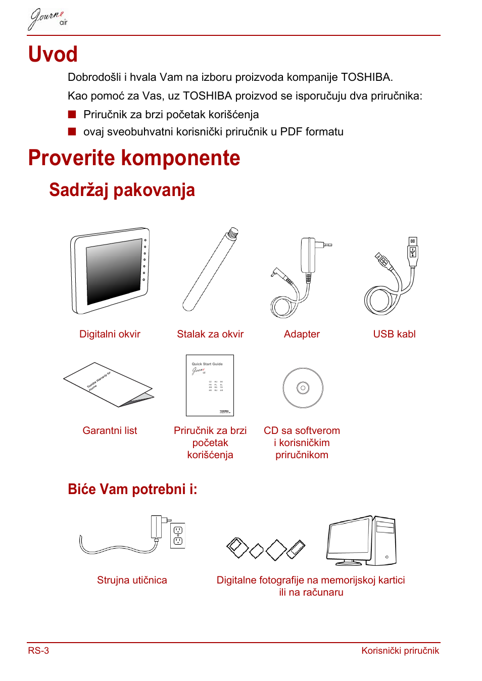 Uvod, Proverite komponente, Uvod proverite komponente | Sadržaj pakovanja, Biće vam potrebni i | Toshiba JournE Air800-801 User Manual | Page 450 / 829