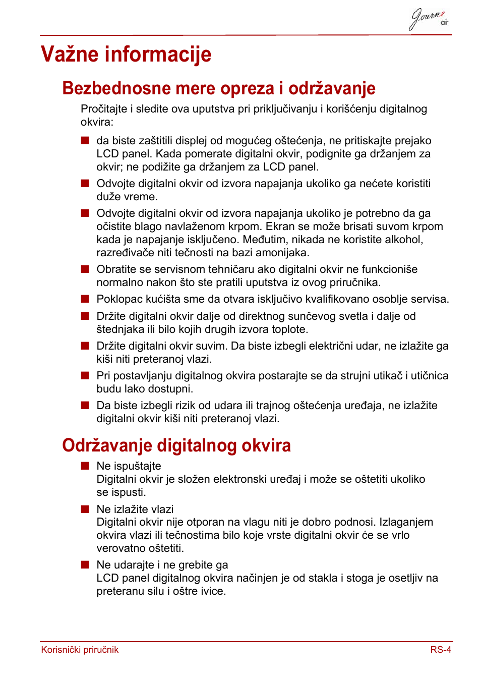 Važne informacije, Bezbednosne mere opreza i održavanje, Održavanje digitalnog okvira | Toshiba JournE Air800-801 User Manual | Page 451 / 829