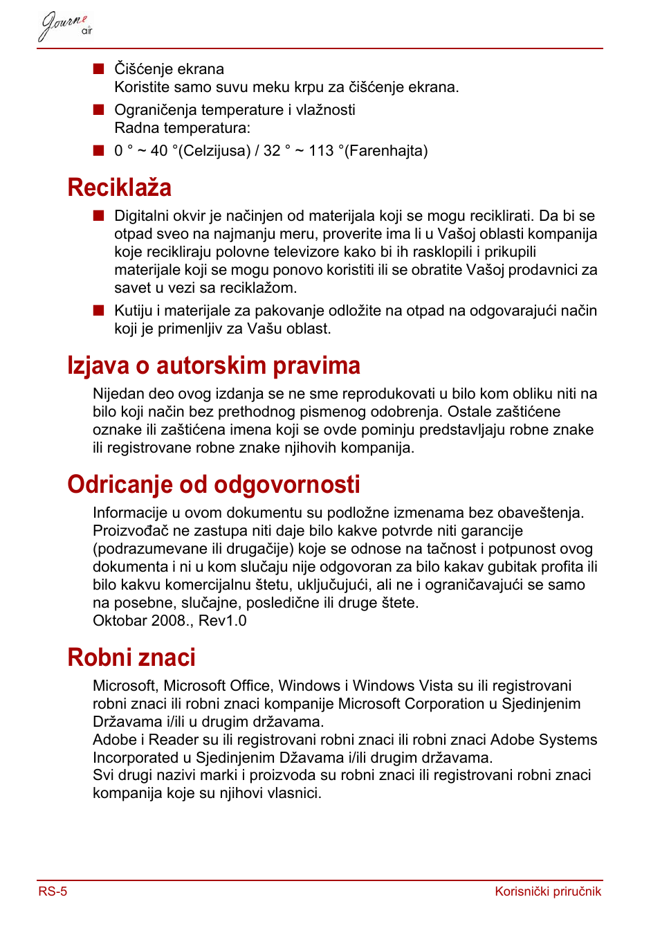 Reciklaža, Izjava o autorskim pravima, Odricanje od odgovornosti | Robni znaci | Toshiba JournE Air800-801 User Manual | Page 452 / 829