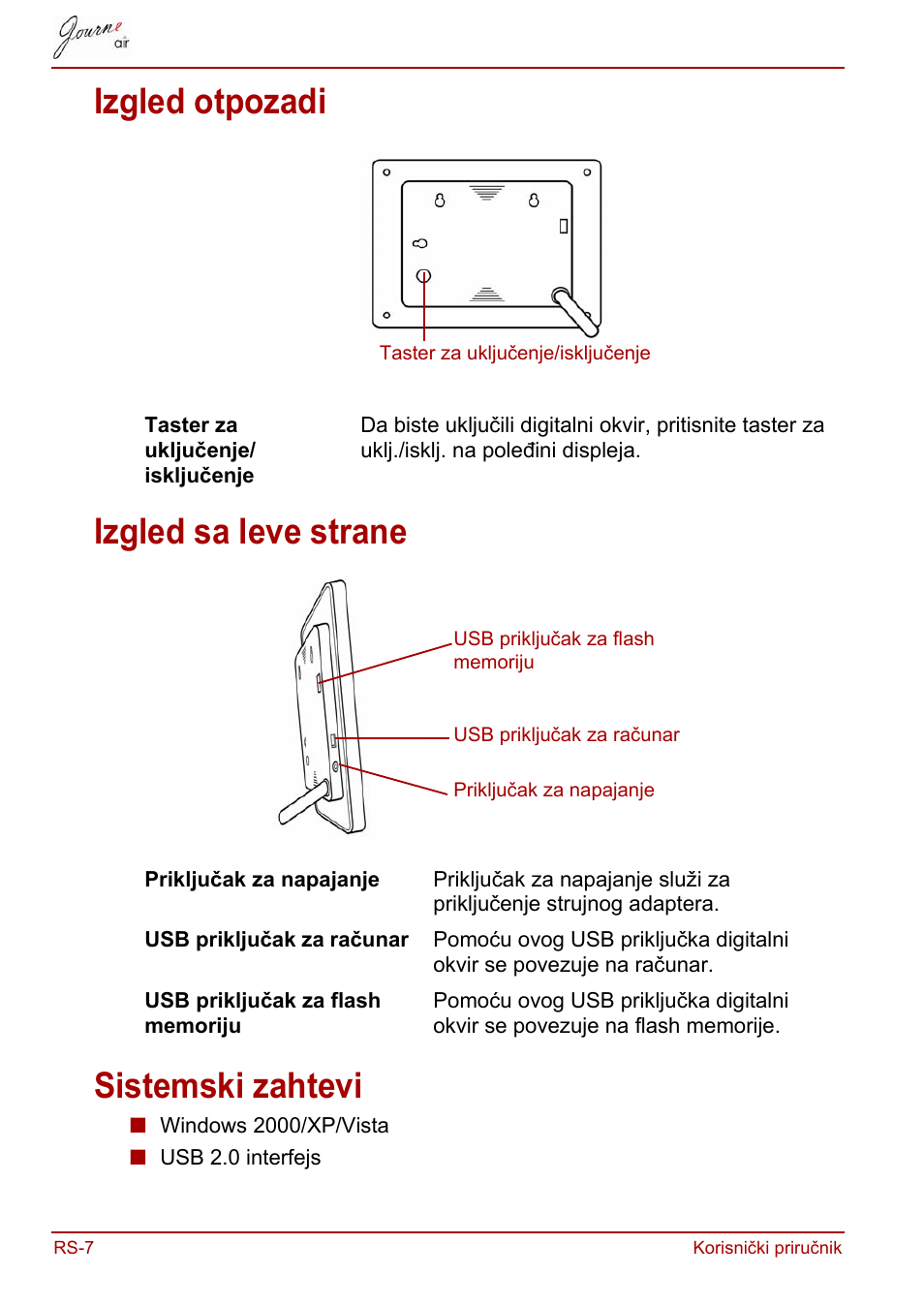 Izgled otpozadi, Izgled sa leve strane, Sistemski zahtevi | Toshiba JournE Air800-801 User Manual | Page 454 / 829