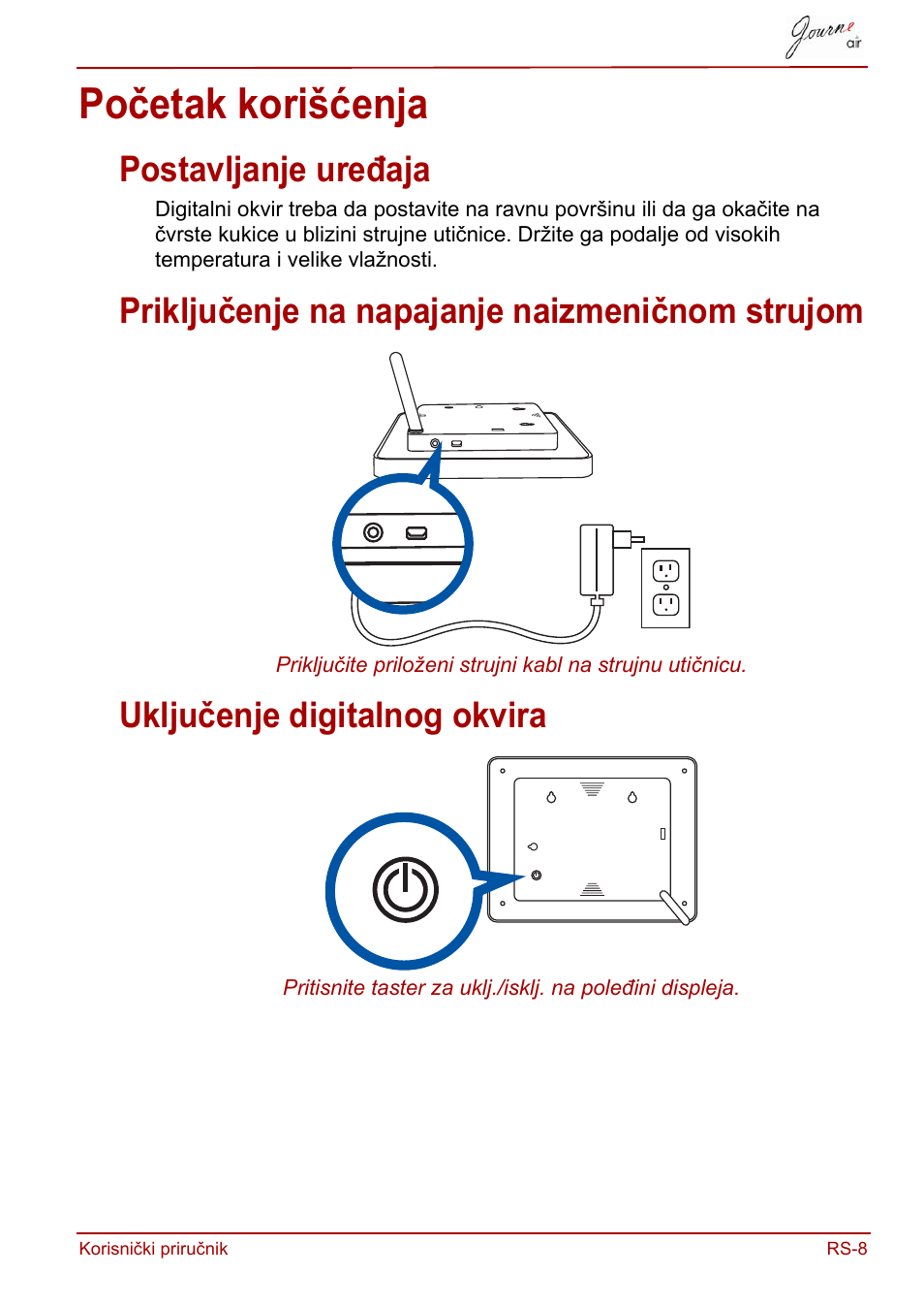 Početak korišćenja, Postavljanje uređaja, Priključenje na napajanje naizmeničnom strujom | Uključenje digitalnog okvira | Toshiba JournE Air800-801 User Manual | Page 455 / 829